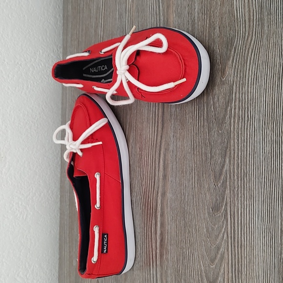 Nautica Pinecrest Red Slip On Canvas Boat Shoe Sneakers Navy Trim White Tie 7 - Picture 1 of 11